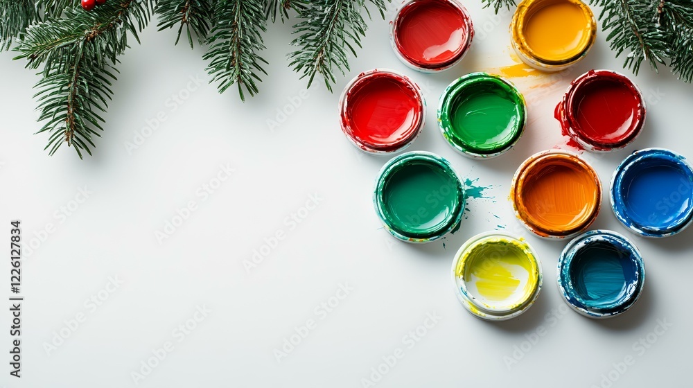 Festive paint palette with fir branch on white. Holiday art supplies background, perfect for greeting cards Festive paint palette with fir branch on white. Holiday art supplies background, perfect for greeting cards