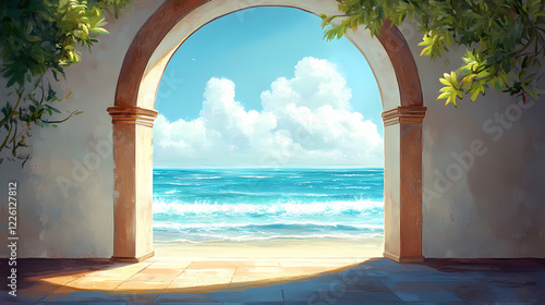A view of the ocean through an archway. Ocean Archway. Illustration