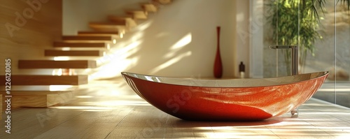Elegant and Modern Interior Design Featuring a Luxurious Freestanding Oval Bathtub in a Sunlit Bathroom with Wooden Staircase and Minimalist Decor