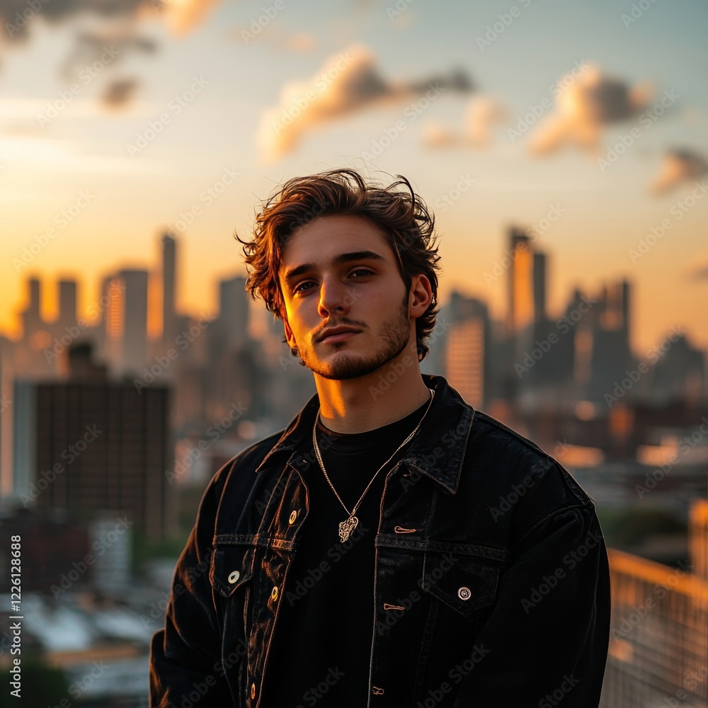 Fototapeta premium A young man poses on a rooftop with a city backdrop during sunset, capturing urban allure and introspection, creating a mood of contemplation and modern style.