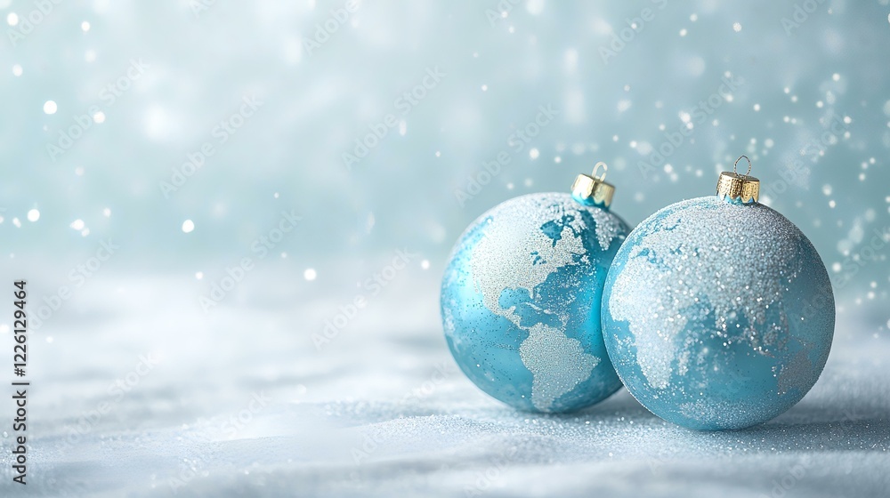 Frosty globe ornaments on snowy surface, winter holiday background, global celebration concept Frosty globe ornaments on snowy surface, winter holiday background, global celebration concept