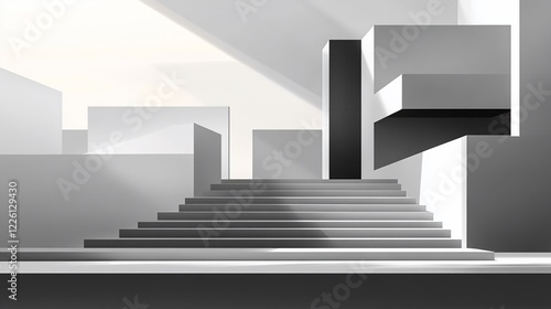 Abstract architectural rendering with stairs and geometric blocks in monochrome tones