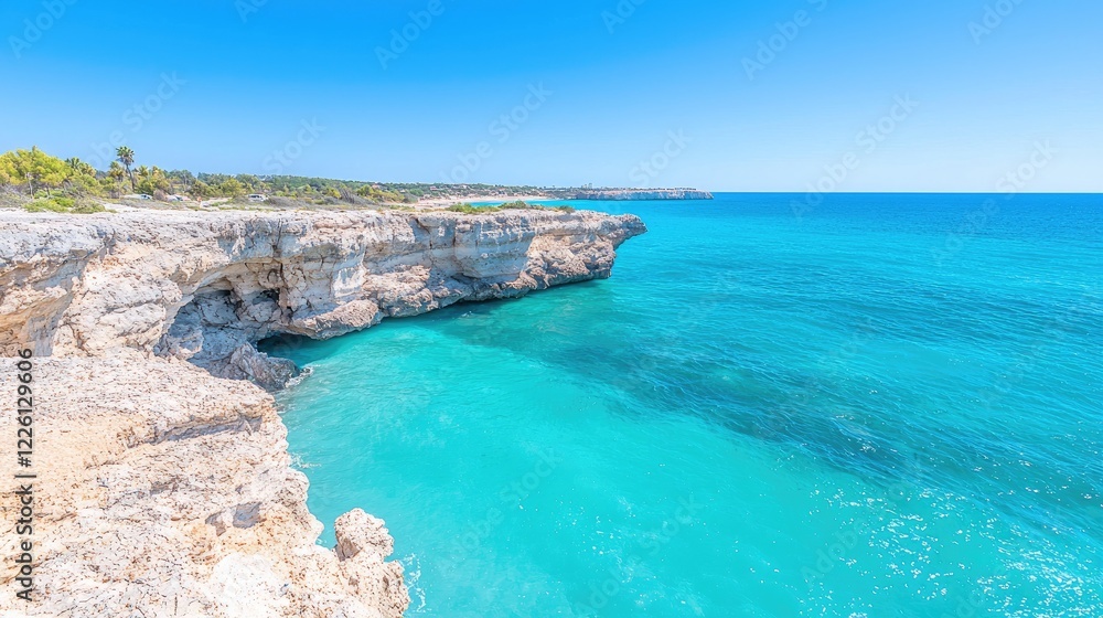 Fototapeta premium Turquoise ocean meets white cliffs, Mediterranean coast, sunny day, travel postcard