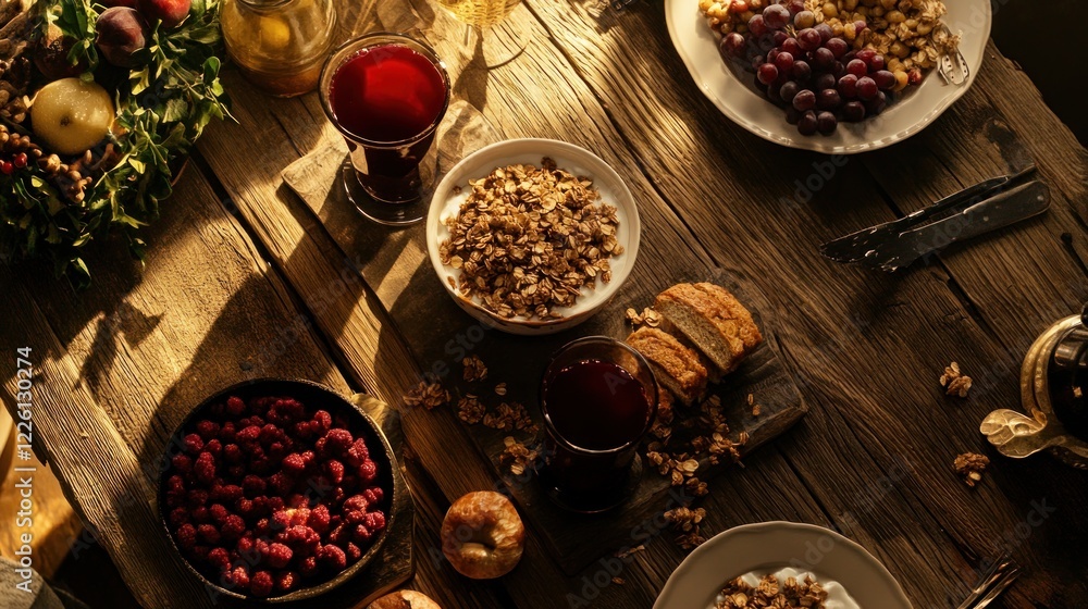 Rustic Autumnal Breakfast Feast: A Table Set with Granola, Berries, and Warm Drinks Rustic Autumnal Breakfast Feast: A Table Set with Granola, Berries, and Warm Drinks