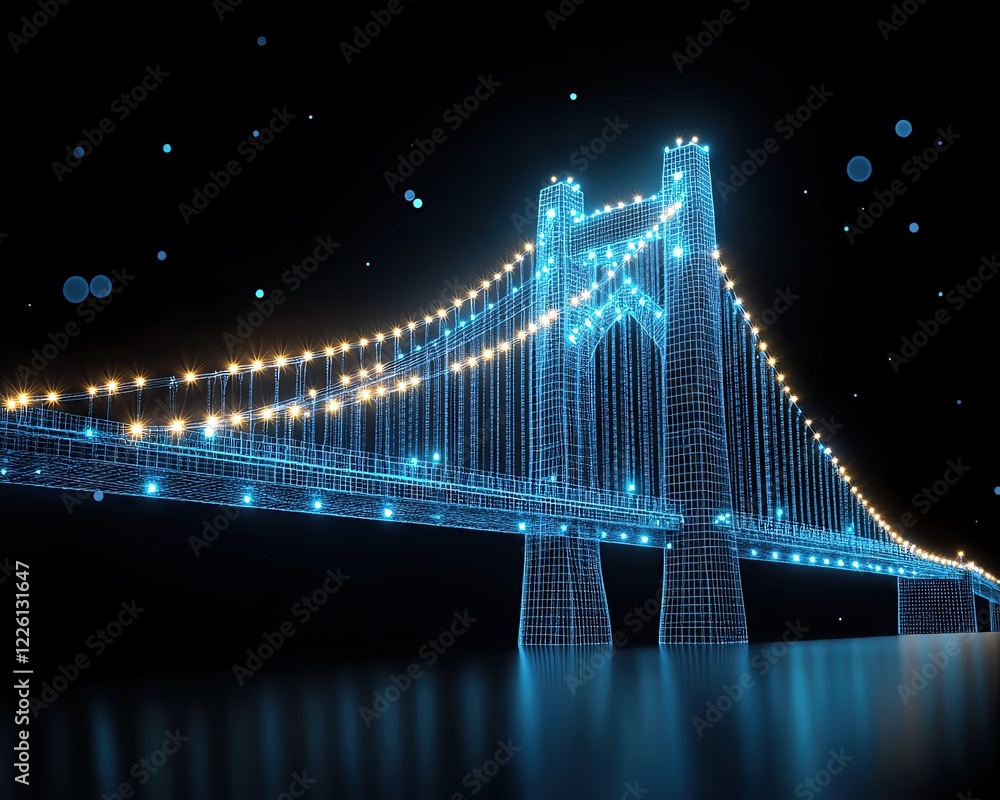 Fototapeta premium Digital wireframe , glowing line effect Futuristic illuminated bridge at night. digital wire glowing line design