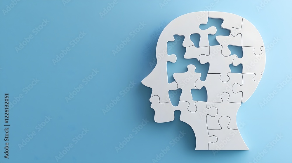 Conceptual of a human head designed as a puzzle with missing pieces set against a clean blue background representing mental health problem solving and the journey of self discovery Conceptual of a human head designed as a puzzle with missing pieces set against a clean blue background representing mental health problem solving and the journey of self discovery