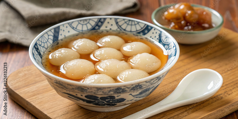 Bowl of sweet glutinous rice balls in clear ginger syrup, served with a porcelain spoon on a wooden table Bowl of sweet glutinous rice balls in clear ginger syrup, served with a porcelain spoon on a wooden table