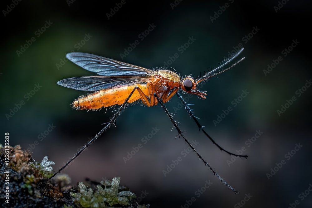 Close-Up of a Vibrant Orange Mosquito with Delicate Wings Captured in Nature Highlighting Intricate Details and Its Natural Habitat Environment Close-Up of a Vibrant Orange Mosquito with Delicate Wings Captured in Nature Highlighting Intricate Details and Its Natural Habitat Environment