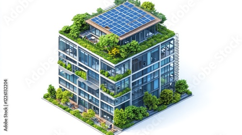 Eco-Friendly Cube Building: Sustainable Urban Architecture Design with Solar Panels and Green Roof.