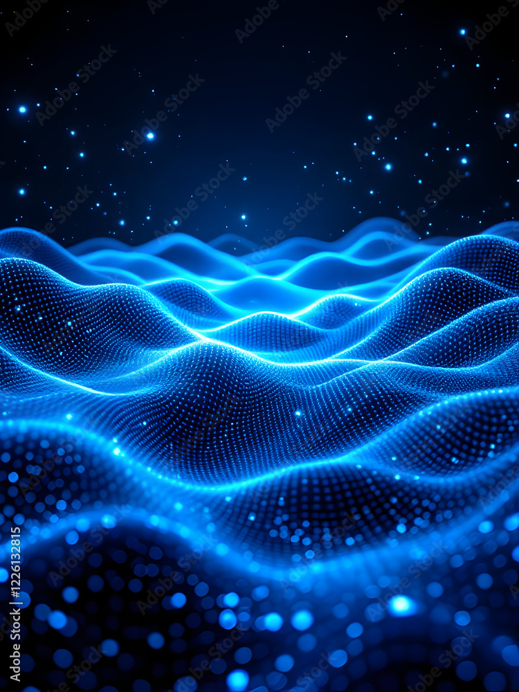 Futuristic Digital Landscape: Glowing Blue Wave Grid with Sparkling Particles in a Deep Space-Like Abstract Background, Representing AI, Big Data, and Technology Futuristic Digital Landscape: Glowing Blue Wave Grid with Sparkling Particles in a Deep Space-Like Abstract Background, Representing AI, Big Data, and Technology
