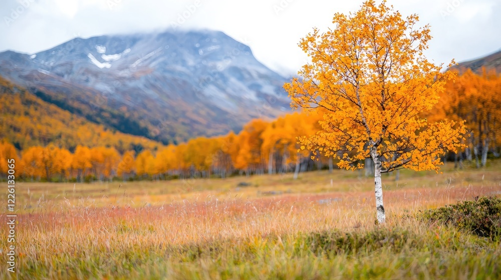Fototapeta premium Autumnal birch tree in mountain valley landscape. Use nature calendar