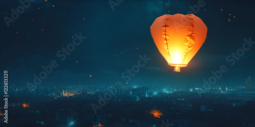 Glowing Lantern Floating in the Night Sky photo