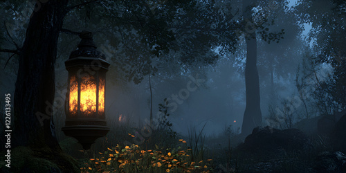 Glowing Lantern in the Woods at Dusk photo