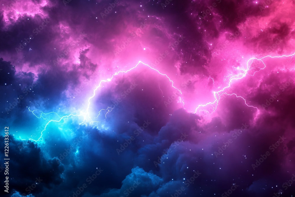 Obraz premium A surreal and vibrant scene of lightning ignites cosmic clouds in brilliant hues of pink and purple, creating a mysterious and otherworldly atmosphere.