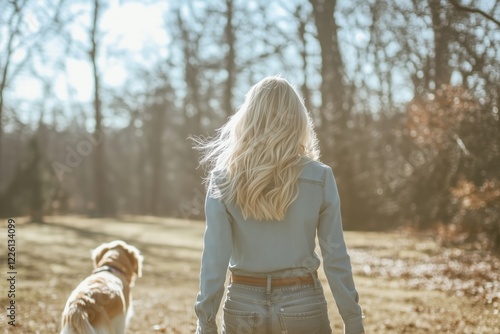 A young woman in a denim jacket walking her golden retriever in a sunny park.