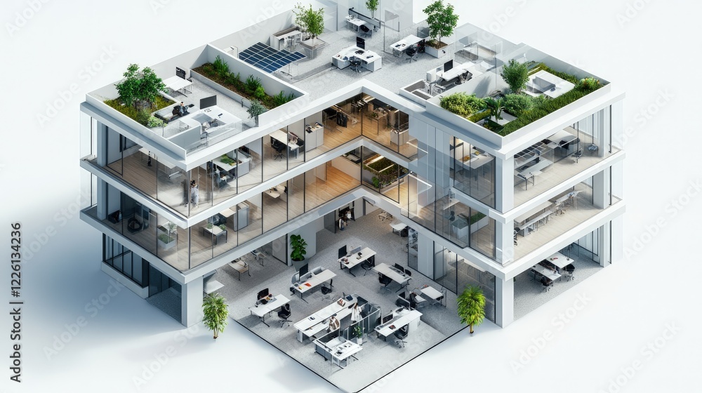 Modern Sustainable Office Building Interior Design Visualization: A 3D Architectural Model Showcase. Modern Sustainable Office Building Interior Design Visualization: A 3D Architectural Model Showcase.