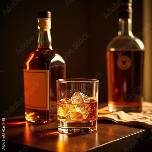 Dos botellas de whisky una de ellas con la etiqueta en blanco y un vaso con whisky y hielo
