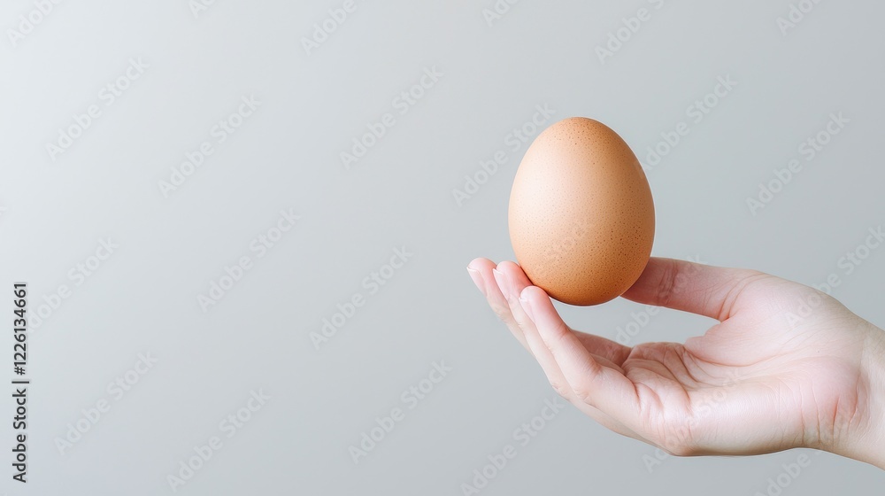 Hand holding brown egg, simple background, food preparation Hand holding brown egg, simple background, food preparation