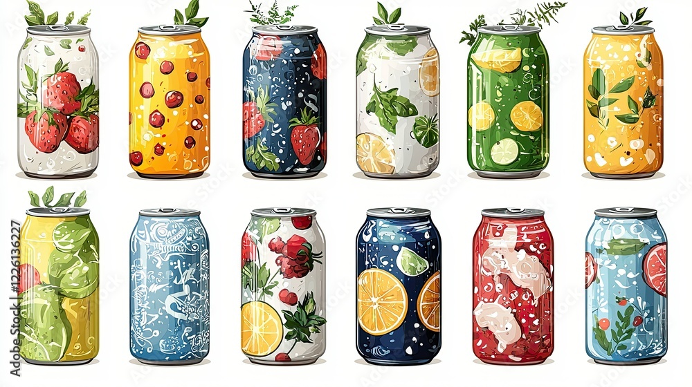 Obraz premium Twelve Colorful Cans Of Fruit Infused Sparkling Drinks