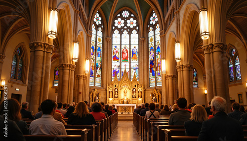 Congregation attending Easter church service inside ornate church, faith