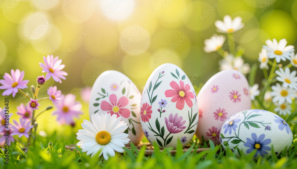 Vibrant Easter eggs decorated with floral patterns in a sunny garden, celebration Vibrant Easter eggs decorated with floral patterns in a sunny garden, celebration