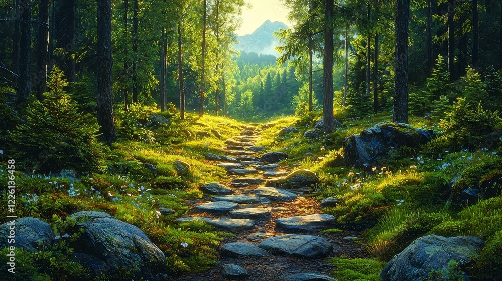 Sunlit stone path through mountain forest Sunlit stone path through mountain forest