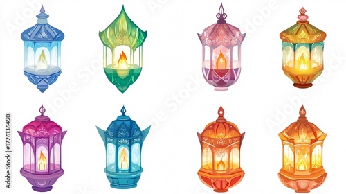 Vesak Lantern Icon Set: Vibrant & Colorful Buddhism Inspired Lanterns for Festivals and Decorations - Wide Angle View Centered in Composition