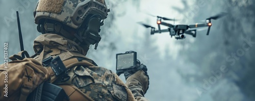 Soldier operates a surveillance drone with a remote control in a forest during a military mission