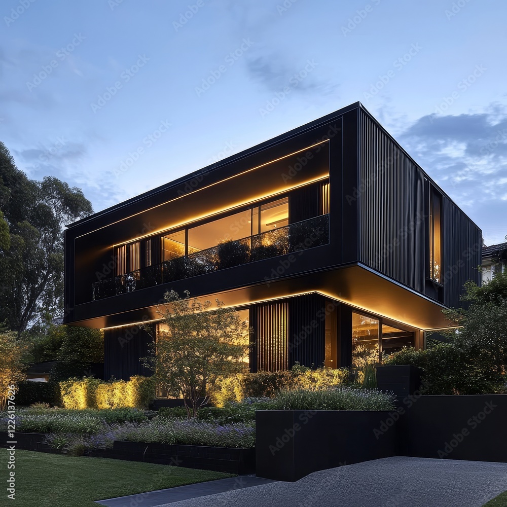 Fototapeta premium A contemporary house stands illuminated at dusk, featuring sleek architecture, warm lighting, large windows, and a beautifully landscaped surrounding area.
