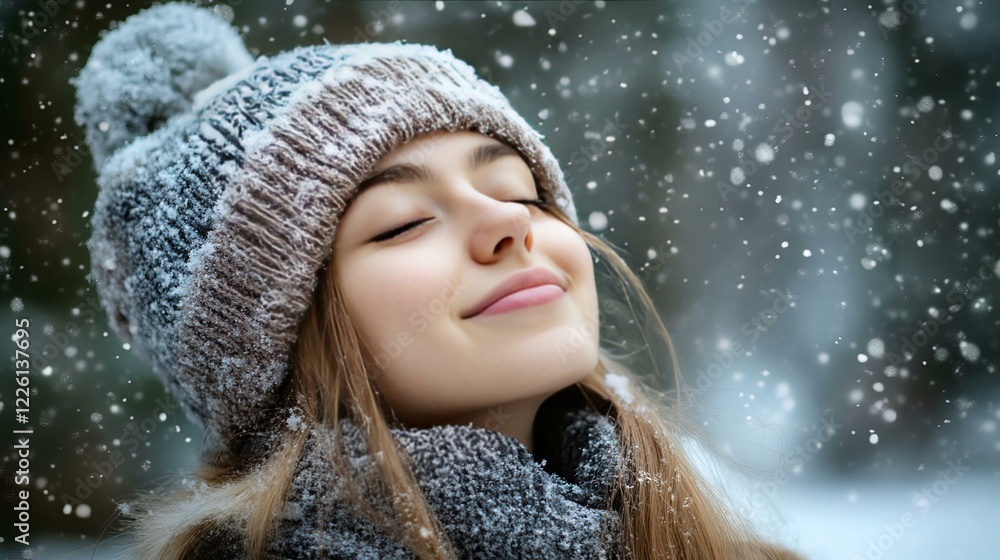 Woman enjoying snowfall in winter forest, serene expression, peaceful background, ideal for winter themed websites or social media Woman enjoying snowfall in winter forest, serene expression, peaceful background, ideal for winter themed websites or social media