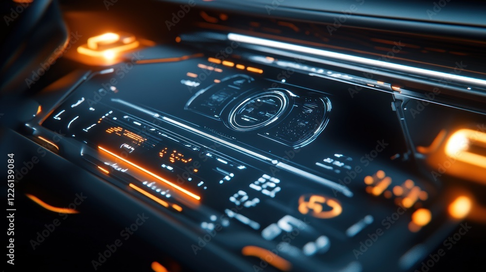 Futuristic car dashboard with digital display and orange accents. Futuristic car dashboard with digital display and orange accents.