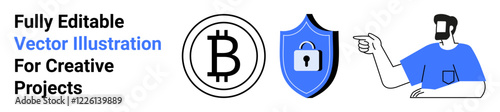 Bitcoin icon, security shield with lock, man pointing towards concept of blockchain and digital currency. Ideal for cryptocurrency, security, finance, investment, blockchain, technology themes flat