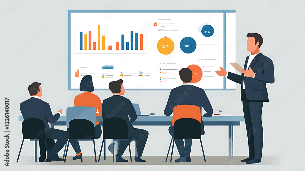 leader presenting a detailed strategy plan with economic growth projections on a digital screen. leader presenting a detailed strategy plan with economic growth projections on a digital screen.