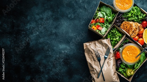 Healthy meal prep boxes with salad and soup on dark background, ready for lunch or dinner delivery