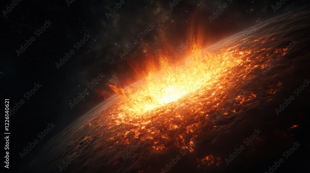 Explosive Eruption of Fiery Lava from a Planet's Surface in Space Explosive Eruption of Fiery Lava from a Planet's Surface in Space