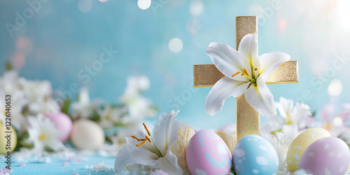 Golden Cross Adorned with Lilies and Pastel Flowers photo