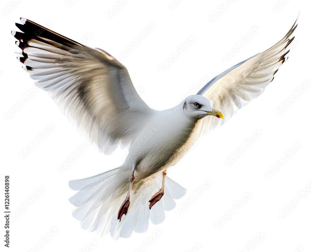 Obraz premium Seagull in flight over a coastal area isolated on transparent background