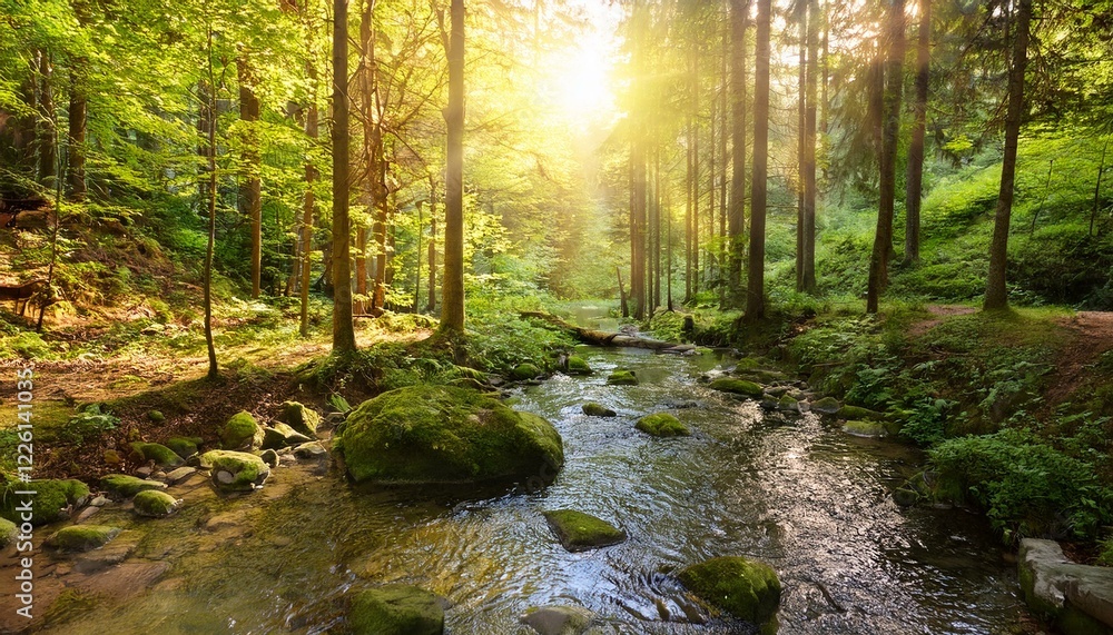 Obraz premium Stream through the forest in the bright light of the sun. Generated image