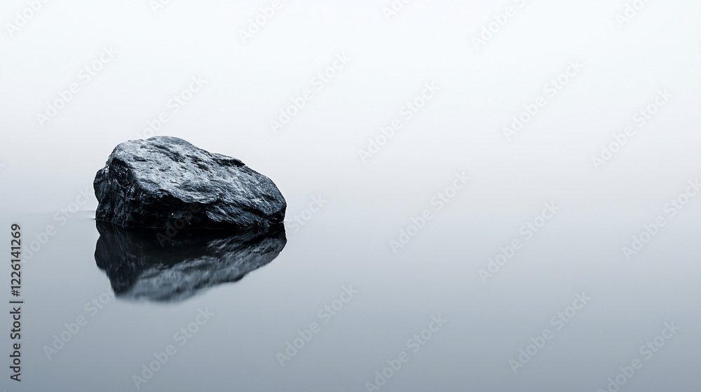 A solitary dark rock resting on a calm, reflective water surface under a soft, misty atmosphere A solitary dark rock resting on a calm, reflective water surface under a soft, misty atmosphere
