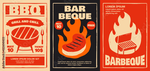 Vintage barbecue event poster set with bold typography, grilled meat illustrations, and retro color palette.