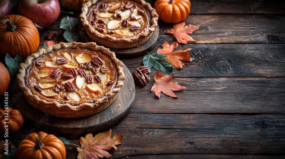 Two apple pecan pies with pumpkins and autumn leaves on wooden table. Two apple pecan pies with pumpkins and autumn leaves on wooden table.