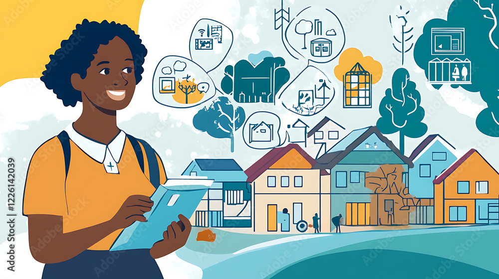 worker engaging with local communities, with icons for development initiatives in the background. worker engaging with local communities, with icons for development initiatives in the background.
