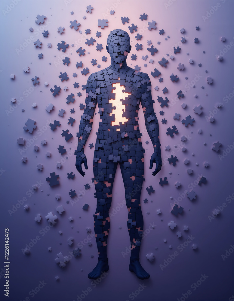 Fototapeta premium A human figure made entirely of dark puzzle pieces stands in the center, illuminated by a glowing core. Surrounding pieces float in the air, creating a surreal atmosphere of exploration and identity