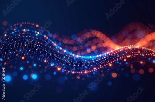 A dynamic array of luminous blue and orange nanoparticles form soft, undulating waves in dark space.