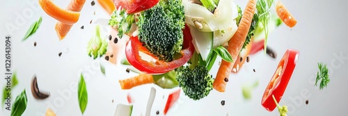 Flying vegetable stir fry ingredients create a colorful culinary display in mid air photo