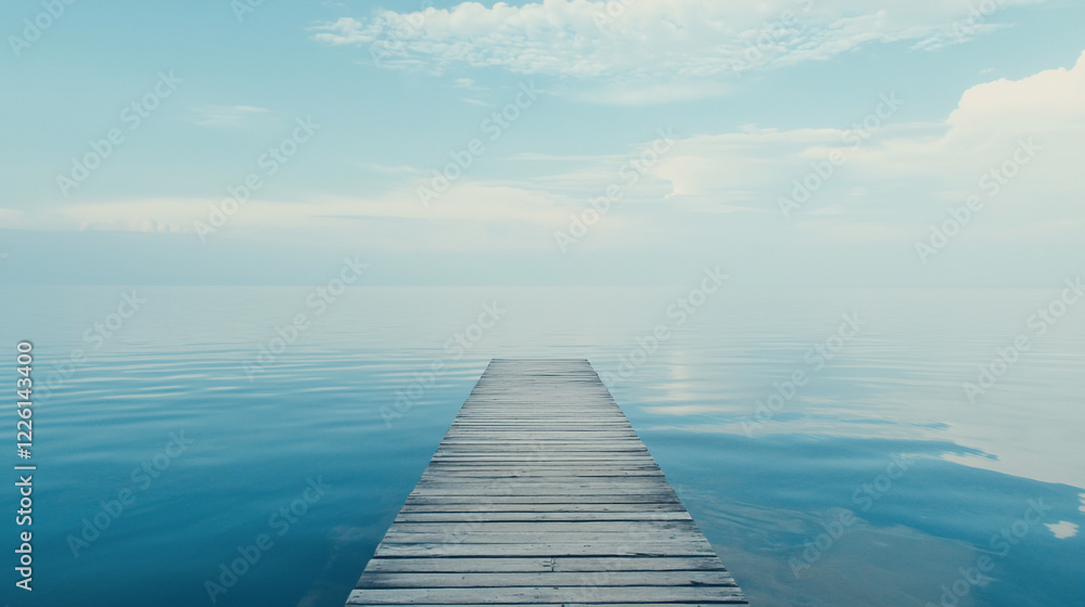 Fototapeta premium Serene wooden pier extending into a calm lake under a clear blue sky with distant clouds