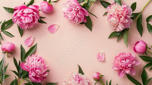 Stunning pink peonies forming a border on a soft pink backdrop with space for text in the middle