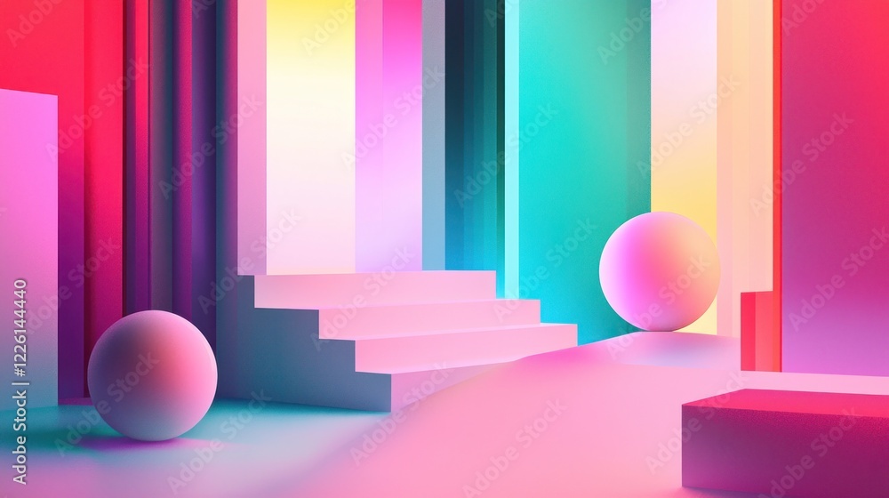 Abstract Neon Dreamscape: A vibrant, surreal composition featuring geometric shapes, spheres, and a neon color palette, evoking a sense of playful fantasy. Abstract Neon Dreamscape: A vibrant, surreal composition featuring geometric shapes, spheres, and a neon color palette, evoking a sense of playful fantasy.