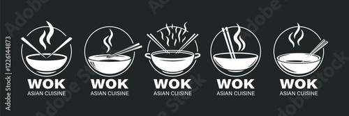 Flat Color Vector Asian Cuisine Logo Set. Ramen Bowl, Noodle Bowl Icon, Sushi Restaurant Emblem. Asian Food Logo, Asian Cuisine Design, Restaurant Branding, Food Symbol