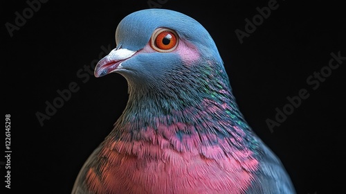 Close-up pigeon portrait, dark background, studio shot, avian wildlife photo